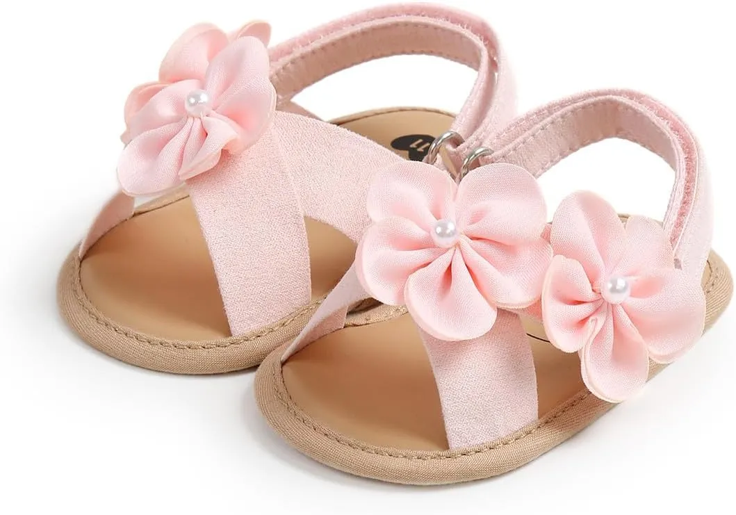 GDSDYM Infant Baby Girls Summer Sandals with Flower Bowknot Soft Sole Wedding Dress Flats Newborn First Walkers Crib Dress Shoes