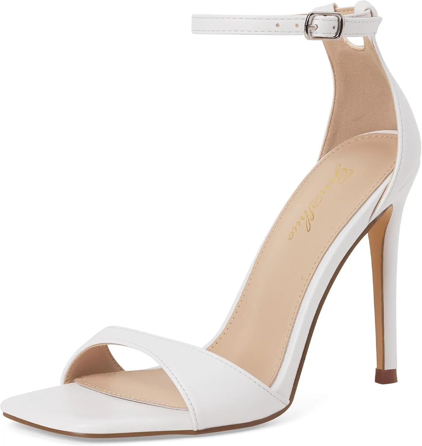 GENSHUO High Heeled Sandals for Women One Strap Heels with Square Open Toe 4 Inch Stiletto Ankle Strap Shoes Elegant Sexy Dress Wedding Party