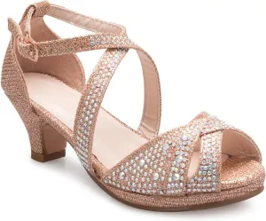 Girl's Cute Adorable Strappy Glitter Open Toe Heel Sandals - Adjustable buckle