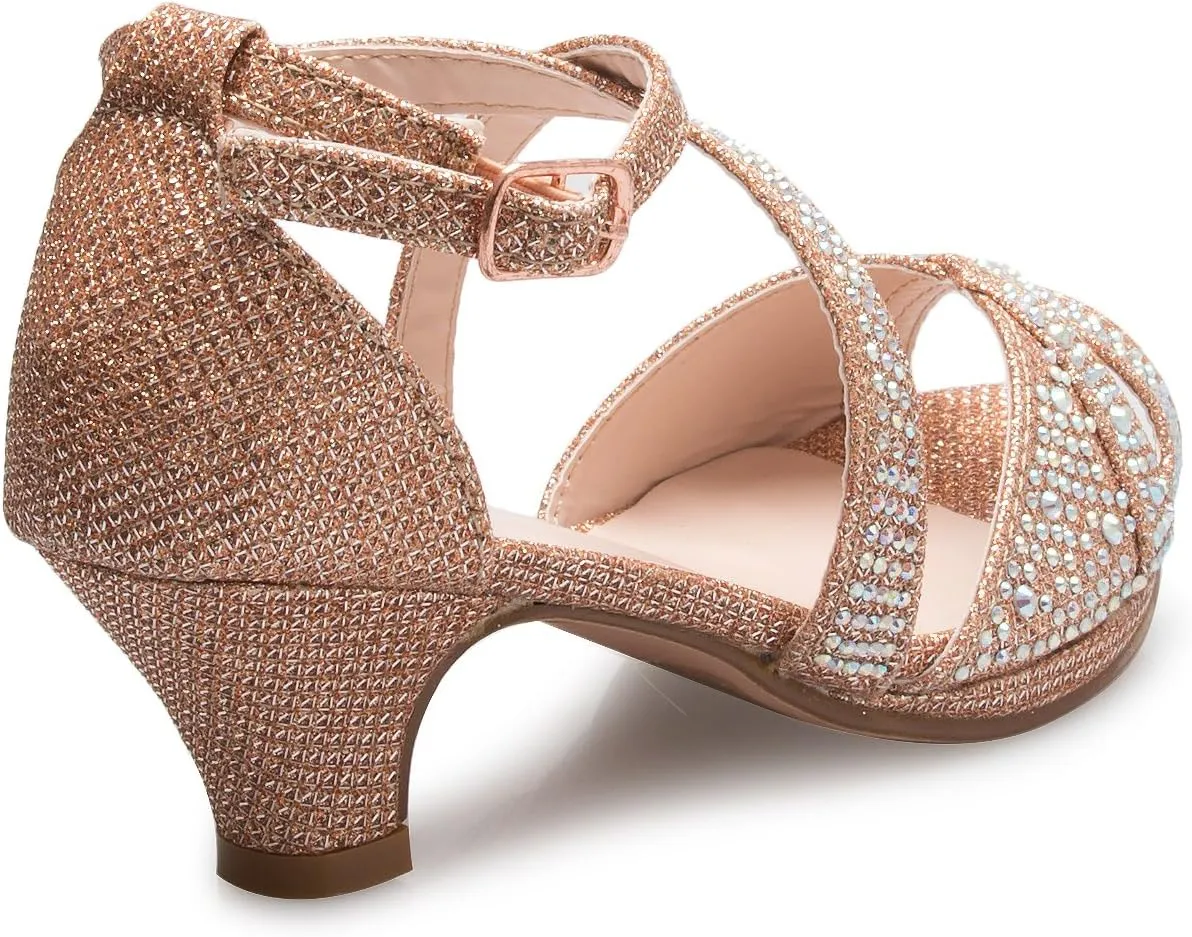 Girl's Cute Adorable Strappy Glitter Open Toe Heel Sandals - Adjustable buckle