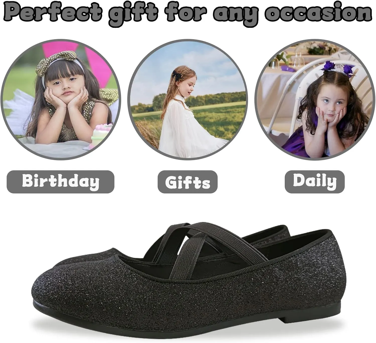 Girls Dress Shoes Princess Ballet Flats Low Heel Mary Jane Glitter Shoes with Elastic Strap for Toddler Little Big Kids