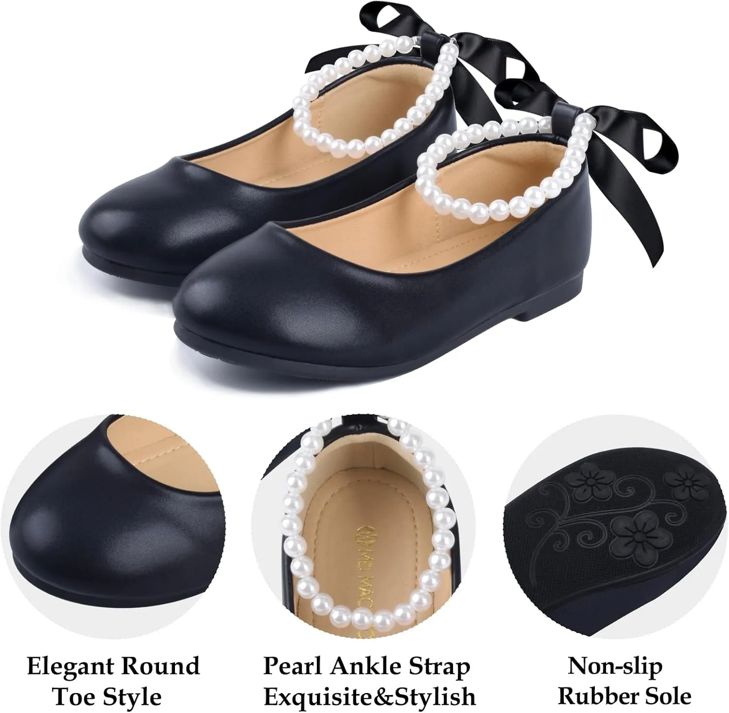 Girls Dress Shoes Princess Ballet Flats Low Heel Mary Jane Glitter Shoes with Elastic Strap for Toddler Little Big Kids