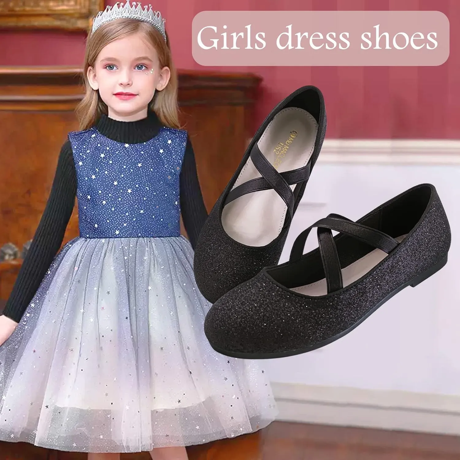Girls Dress Shoes Princess Ballet Flats Low Heel Mary Jane Glitter Shoes with Elastic Strap for Toddler Little Big Kids