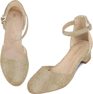 Girls Dress Shoes Princess Ballet Flats Low Heel Mary Jane Glitter Shoes with Elastic Strap for Toddler Little Big Kids