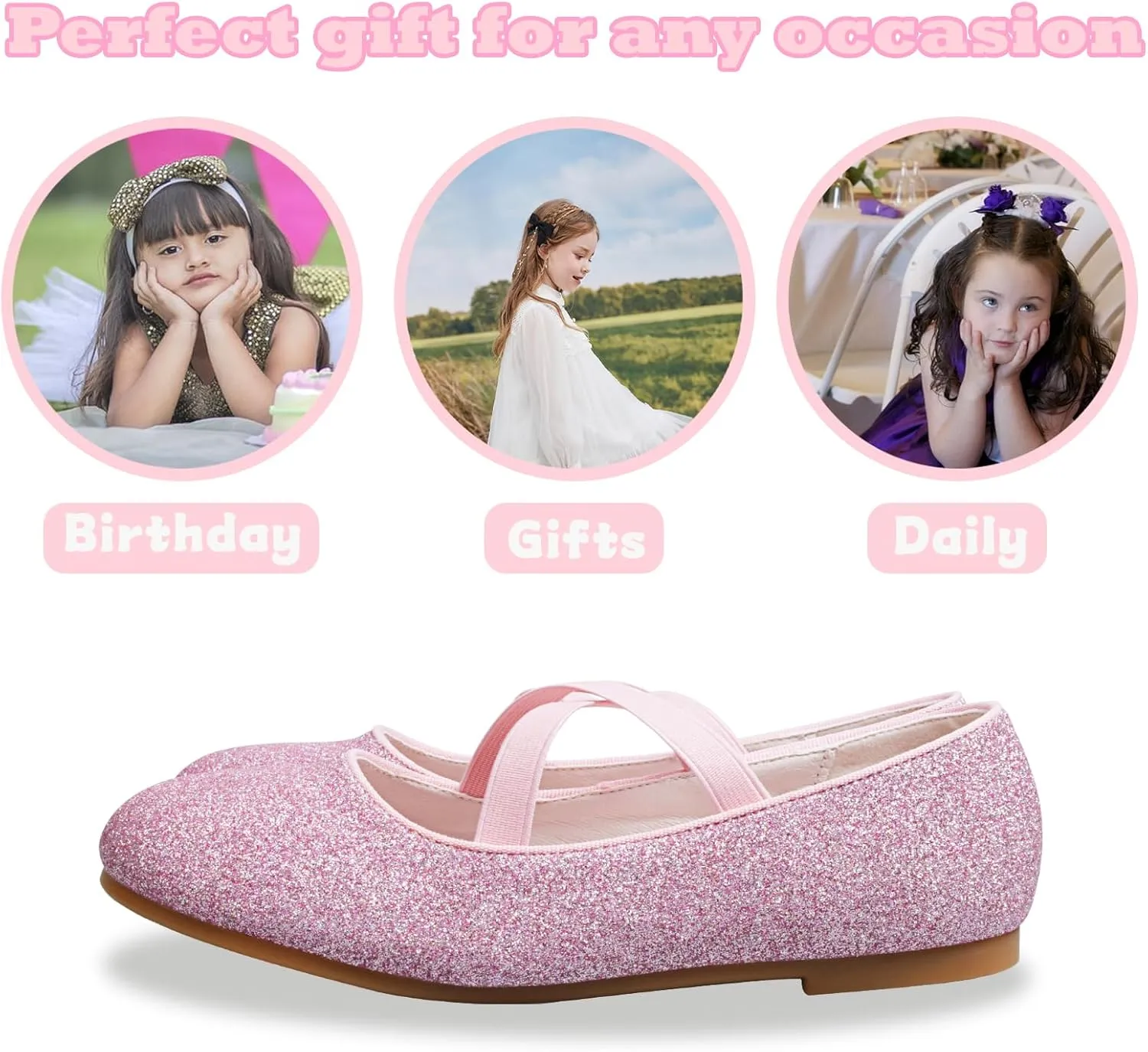 Girls Dress Shoes Princess Ballet Flats Low Heel Mary Jane Glitter Shoes with Elastic Strap for Toddler Little Big Kids