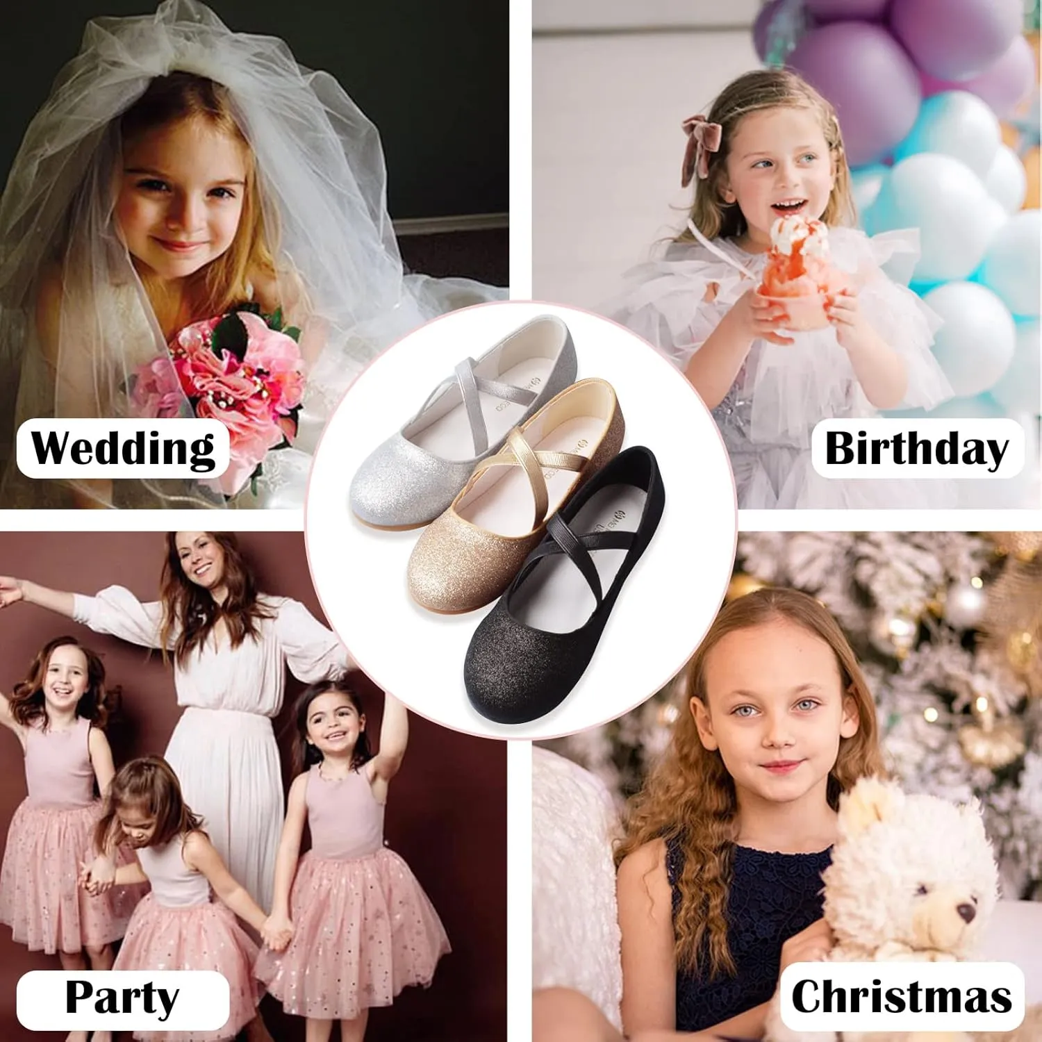 Girls Dress Shoes Princess Ballet Flats Low Heel Mary Jane Glitter Shoes with Elastic Strap for Toddler Little Big Kids