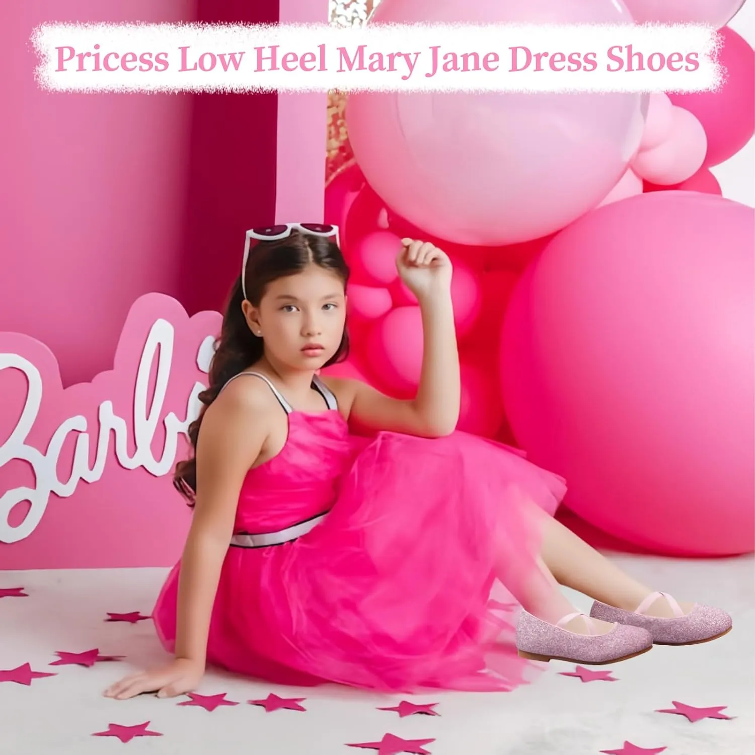 Girls Dress Shoes Princess Ballet Flats Low Heel Mary Jane Glitter Shoes with Elastic Strap for Toddler Little Big Kids