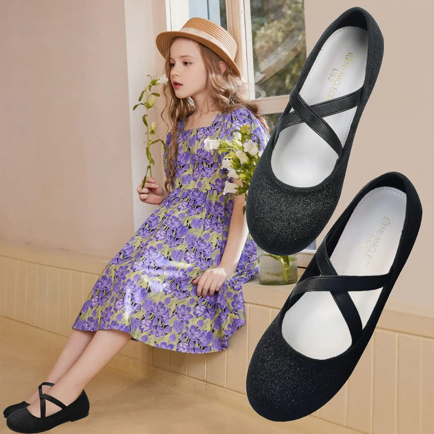 Girls Dress Shoes Princess Ballet Flats Low Heel Mary Jane Glitter Shoes with Elastic Strap for Toddler Little Big Kids