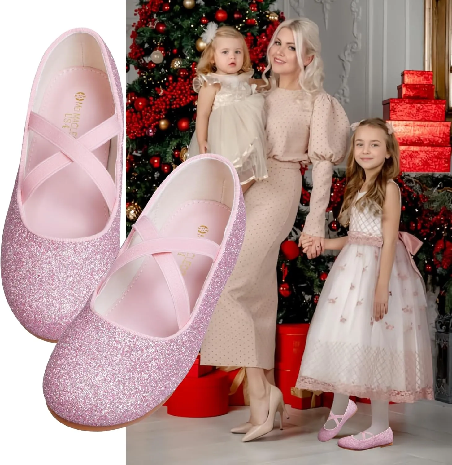 Girls Dress Shoes Princess Ballet Flats Low Heel Mary Jane Glitter Shoes with Elastic Strap for Toddler Little Big Kids
