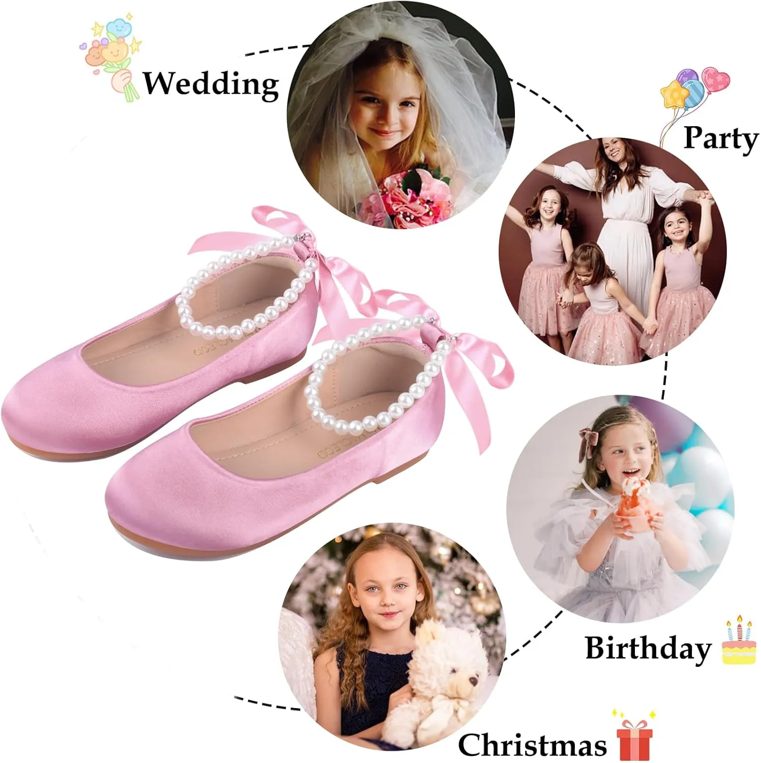 Girls Dress Shoes Princess Ballet Flats Low Heel Mary Jane Glitter Shoes with Elastic Strap for Toddler Little Big Kids