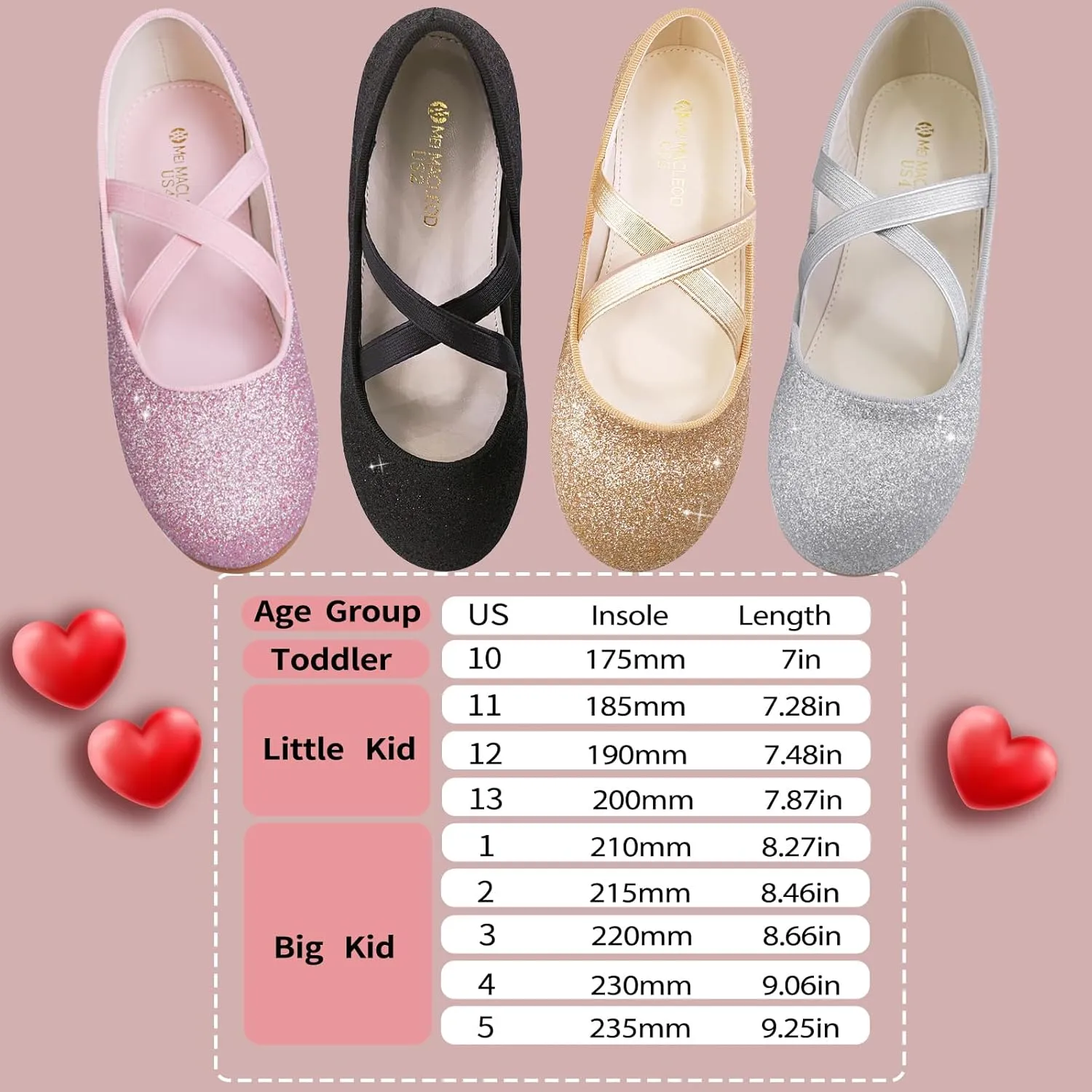 Girls Dress Shoes Princess Ballet Flats Low Heel Mary Jane Glitter Shoes with Elastic Strap for Toddler Little Big Kids