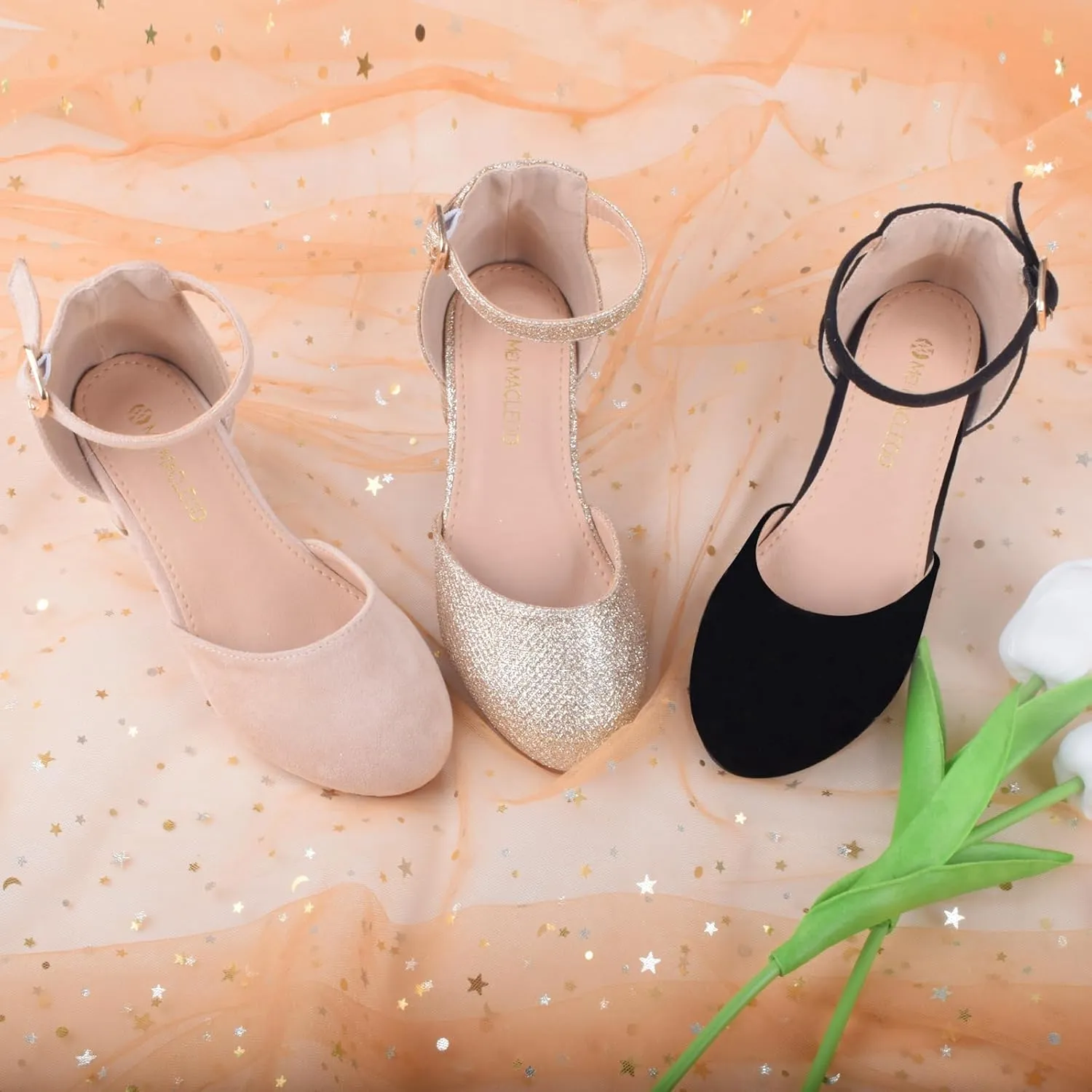 Girls Dress Shoes Princess Ballet Flats Low Heel Mary Jane Glitter Shoes with Elastic Strap for Toddler Little Big Kids