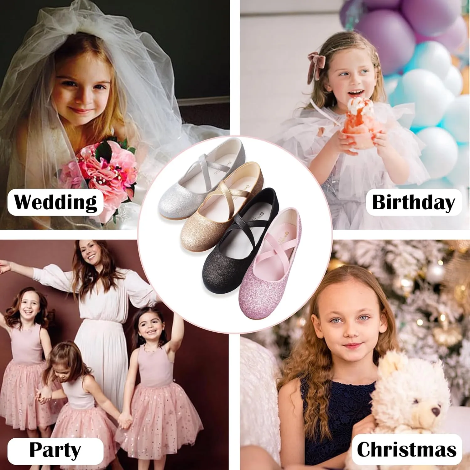 Girls Dress Shoes Princess Ballet Flats Low Heel Mary Jane Glitter Shoes with Elastic Strap for Toddler Little Big Kids