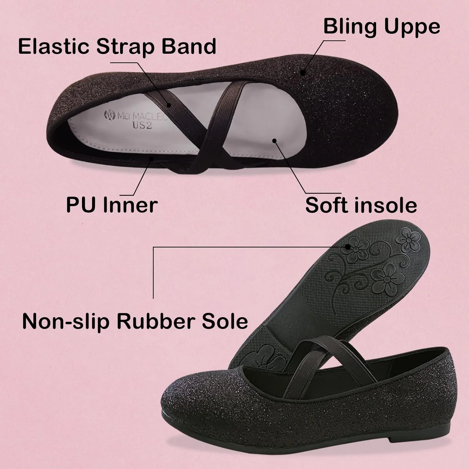 Girls Dress Shoes Princess Ballet Flats Low Heel Mary Jane Glitter Shoes with Elastic Strap for Toddler Little Big Kids