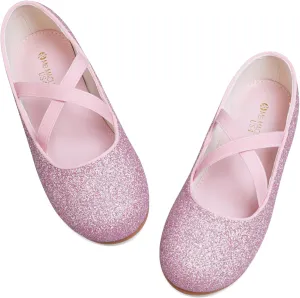 Girls Dress Shoes Princess Ballet Flats Low Heel Mary Jane Glitter Shoes with Elastic Strap for Toddler Little Big Kids