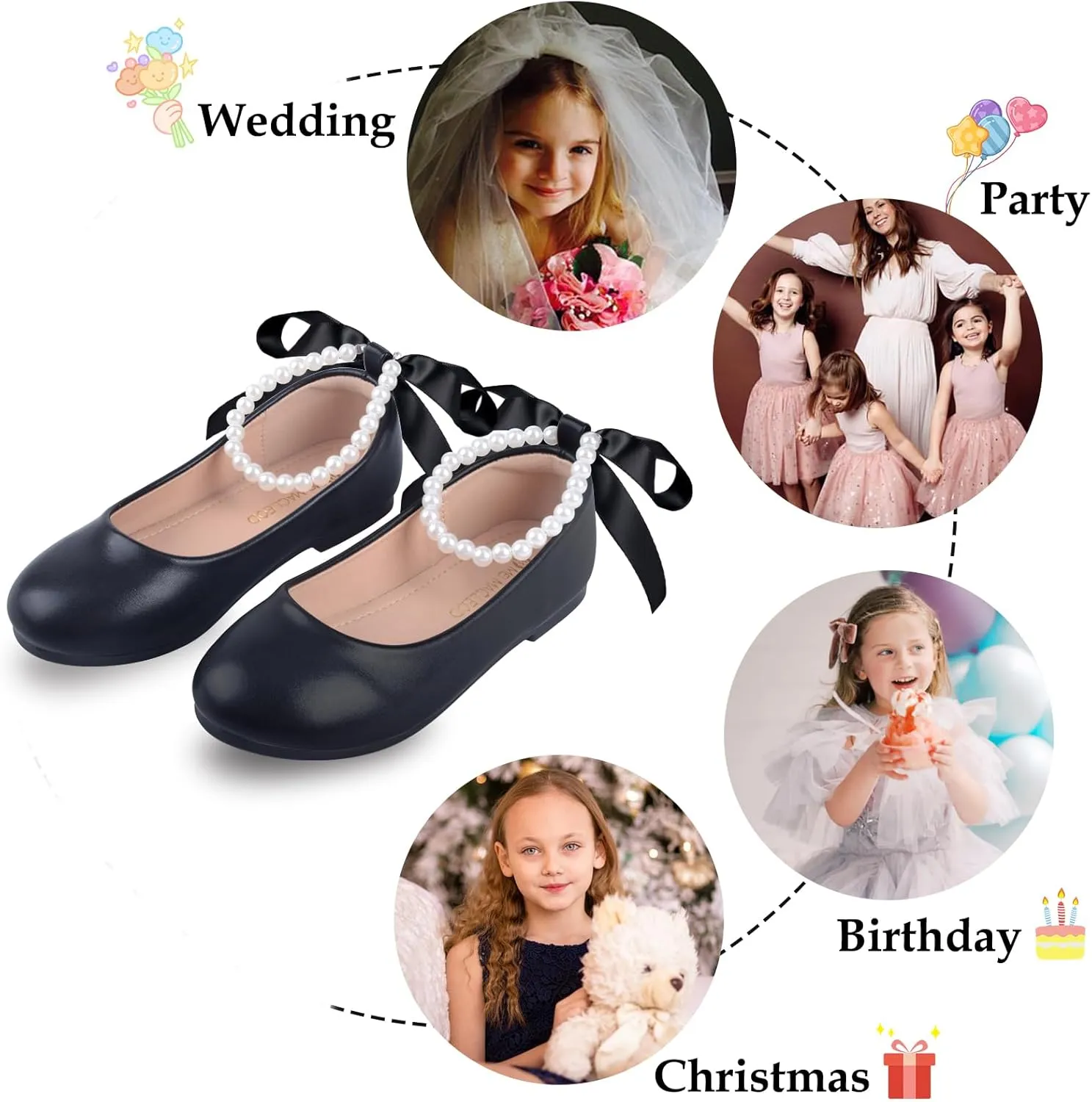 Girls Dress Shoes Princess Ballet Flats Low Heel Mary Jane Glitter Shoes with Elastic Strap for Toddler Little Big Kids