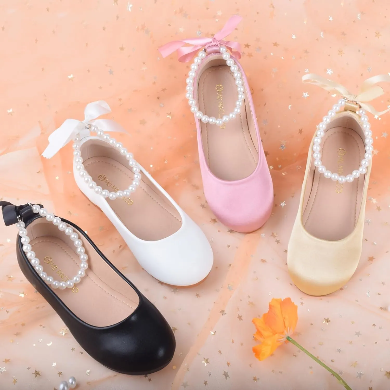Girls Dress Shoes Princess Ballet Flats Low Heel Mary Jane Glitter Shoes with Elastic Strap for Toddler Little Big Kids