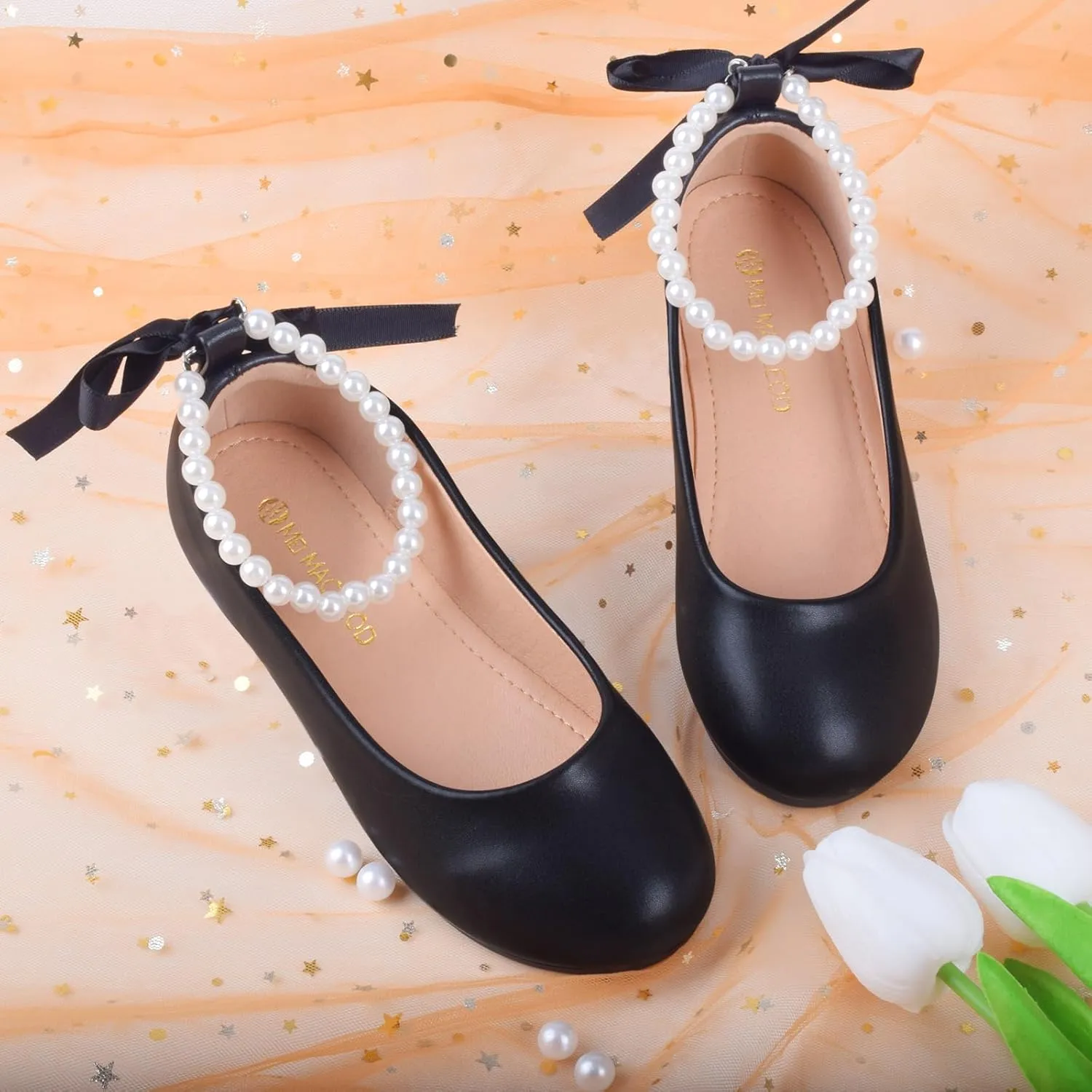 Girls Dress Shoes Princess Ballet Flats Low Heel Mary Jane Glitter Shoes with Elastic Strap for Toddler Little Big Kids