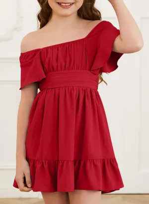 Girls Elegant Ruffle Short Sleeve Back Tie Dresses 6-13 Years Old