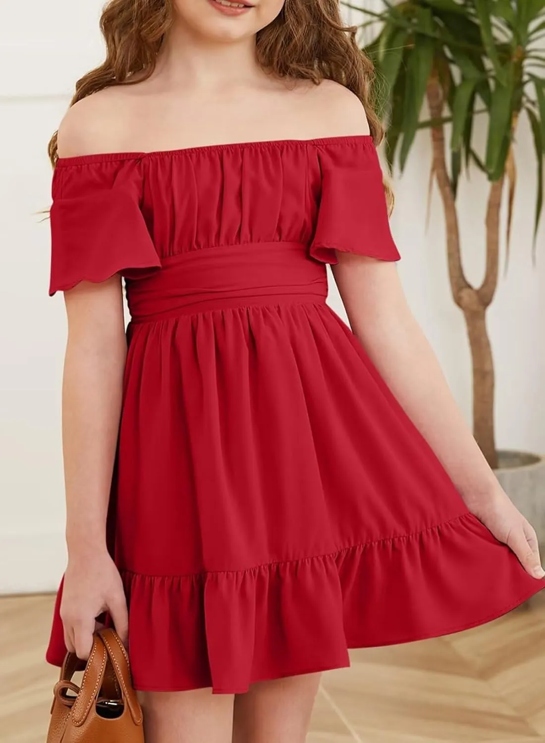 Girls Elegant Ruffle Short Sleeve Back Tie Dresses 6-13 Years Old