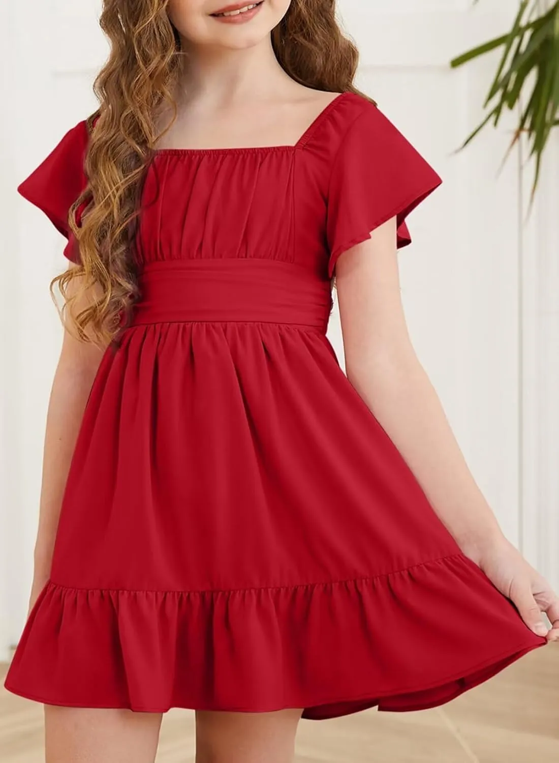Girls Elegant Ruffle Short Sleeve Back Tie Dresses 6-13 Years Old