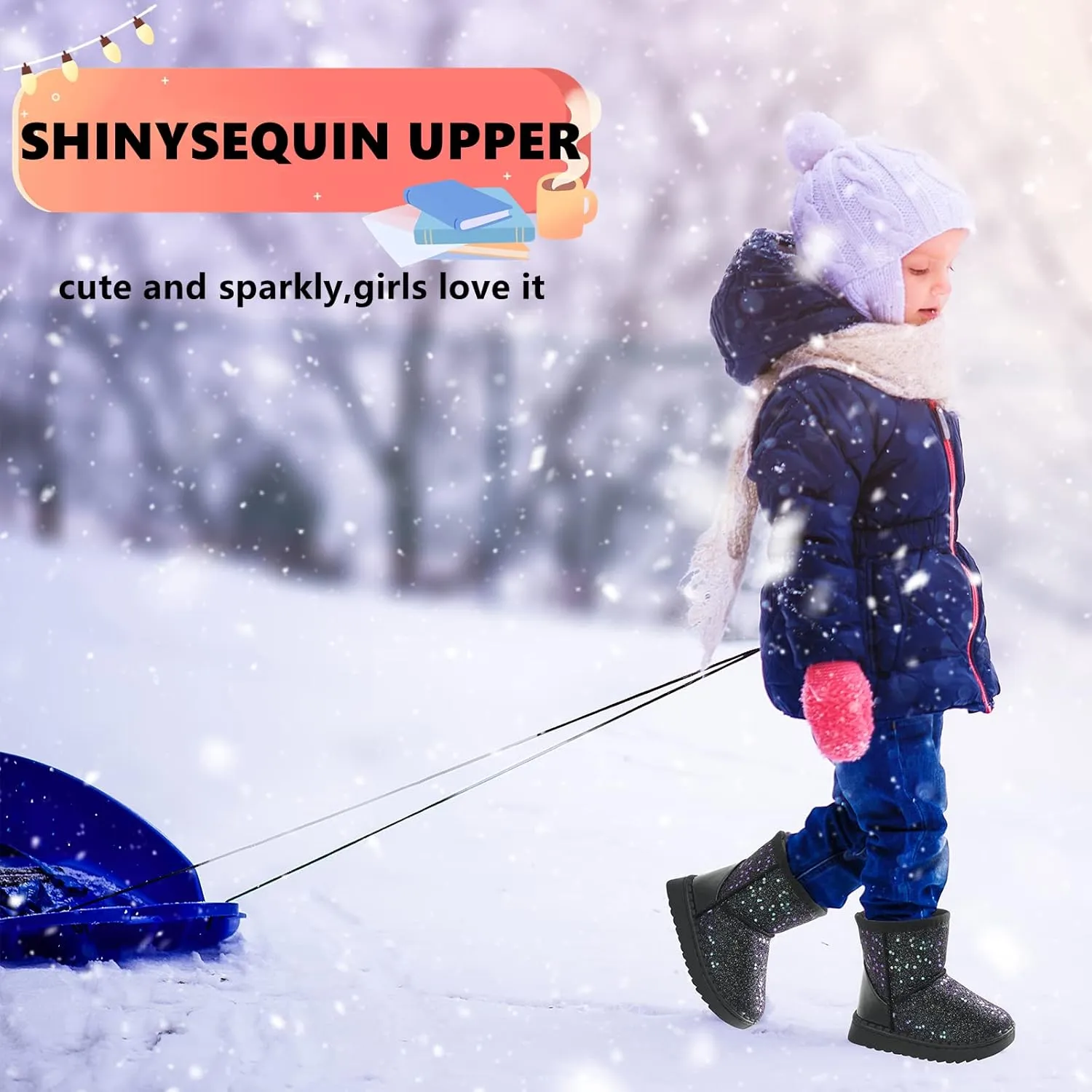 Girls Glitter Snow Boots Toddler/Little Girls Warm Winter Sequin Comfy Cute Durable Outdoor Sparkle Princess Ankle Boots
