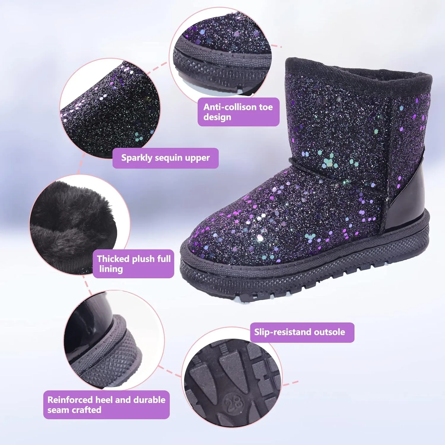 Girls Glitter Snow Boots Toddler/Little Girls Warm Winter Sequin Comfy Cute Durable Outdoor Sparkle Princess Ankle Boots