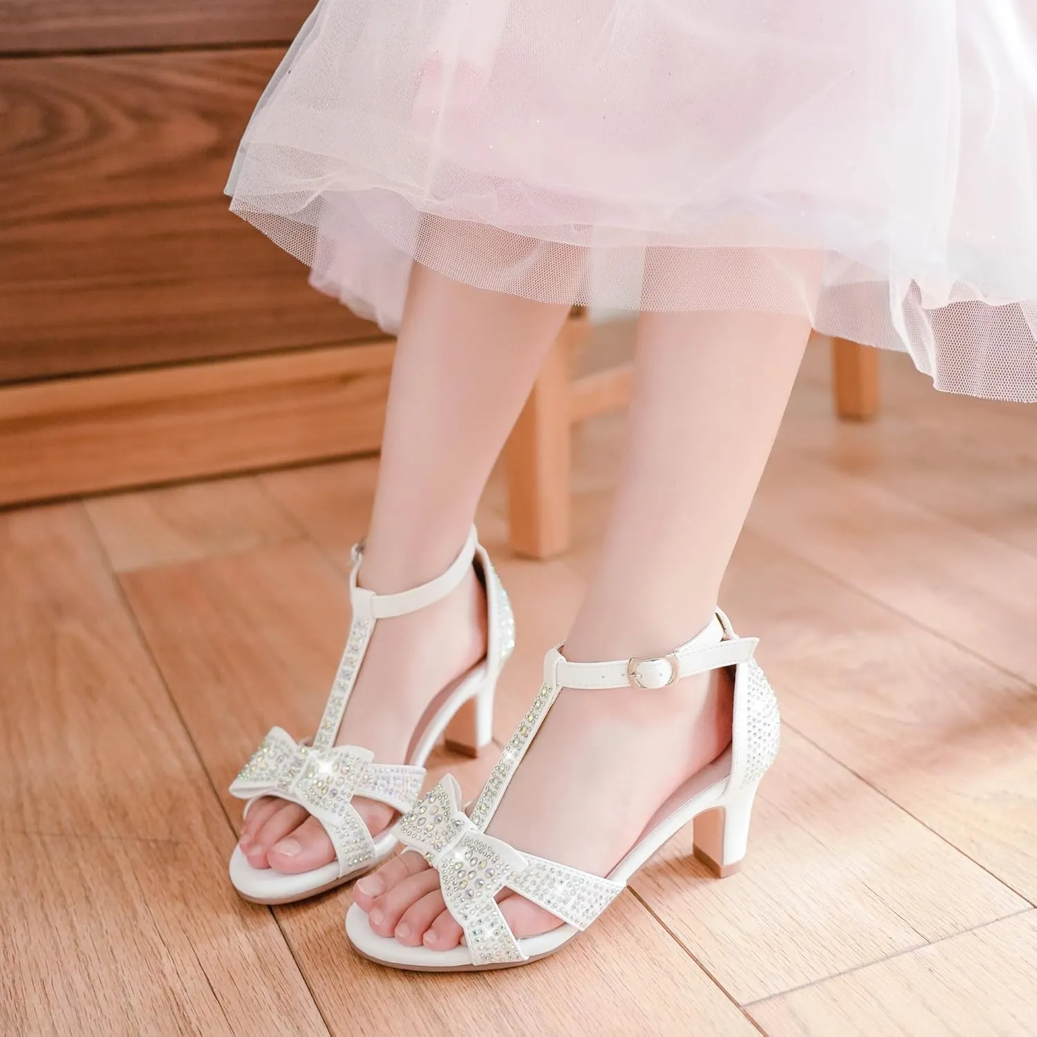 Girls Heel Sandals Dress Pump Open Toe T Strap Rhinestone Sandals Wedding Party Prom Shoes Little Big Kids
