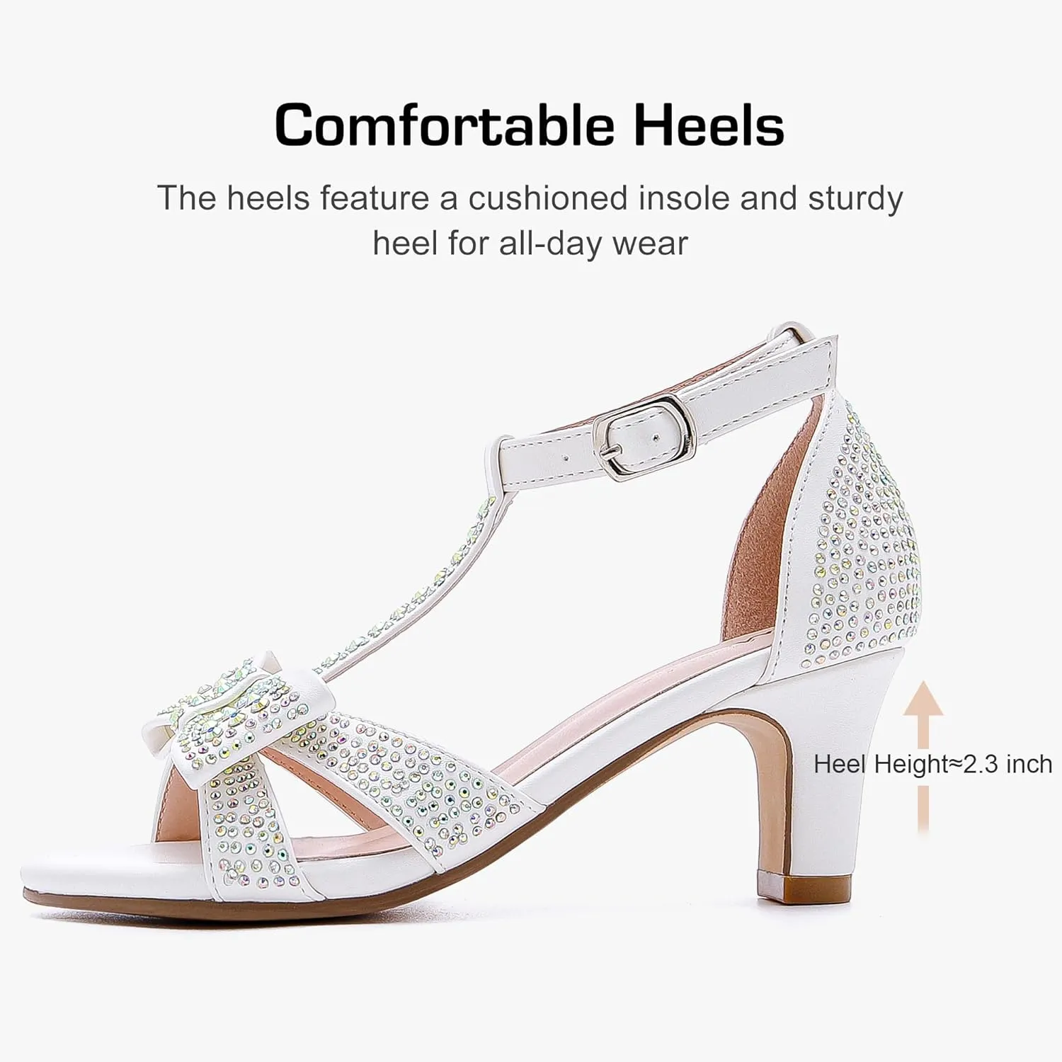 Girls Heel Sandals Dress Pump Open Toe T Strap Rhinestone Sandals Wedding Party Prom Shoes Little Big Kids