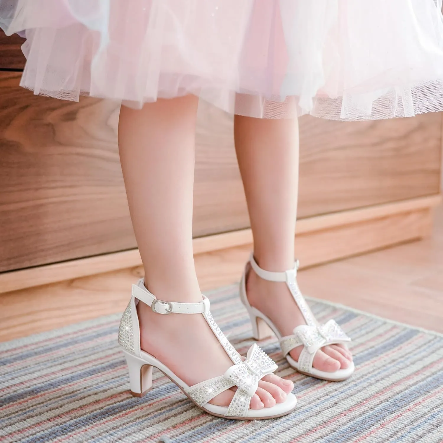 Girls Heel Sandals Dress Pump Open Toe T Strap Rhinestone Sandals Wedding Party Prom Shoes Little Big Kids