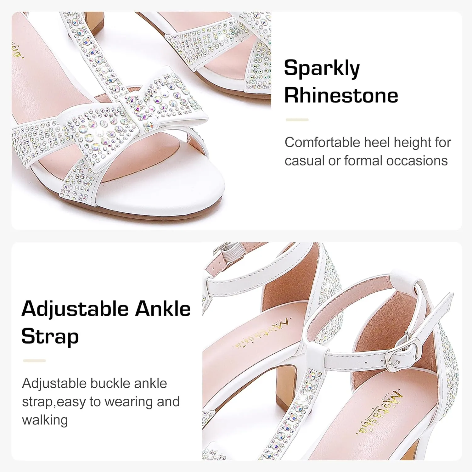 Girls Heel Sandals Dress Pump Open Toe T Strap Rhinestone Sandals Wedding Party Prom Shoes Little Big Kids