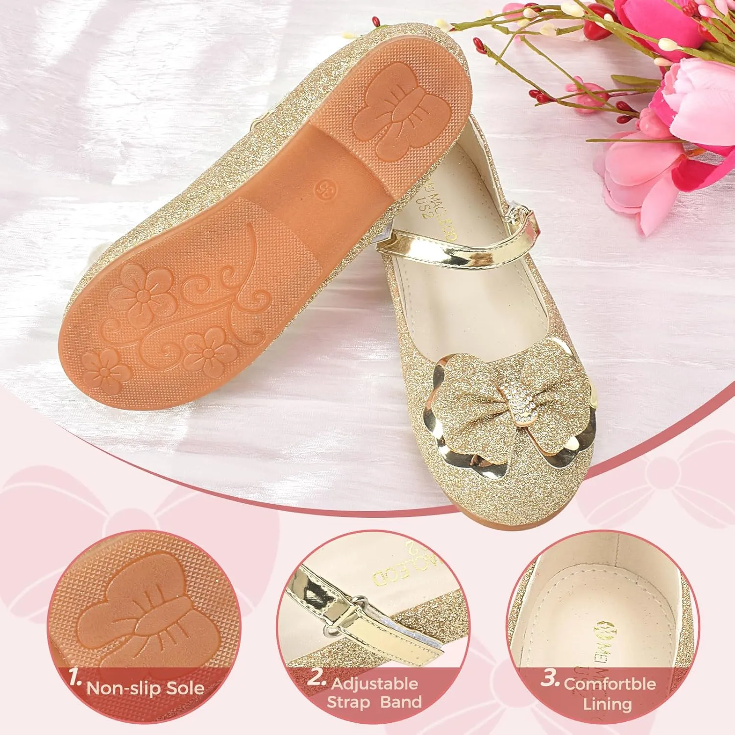 Girls Mary Jane Dress Shoes Rhinestone Dress Shoes Slip On Girl Ballet Flats for Wedding Party, Christmas（Little Kid/Big Kid）