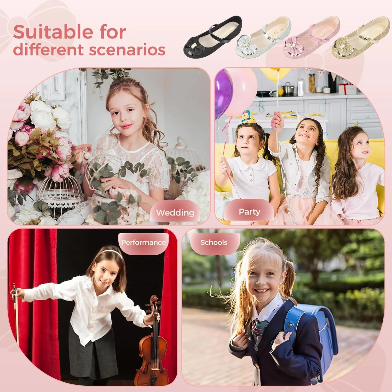 Girls Mary Jane Dress Shoes Rhinestone Dress Shoes Slip On Girl Ballet Flats for Wedding Party, Christmas（Little Kid/Big Kid）