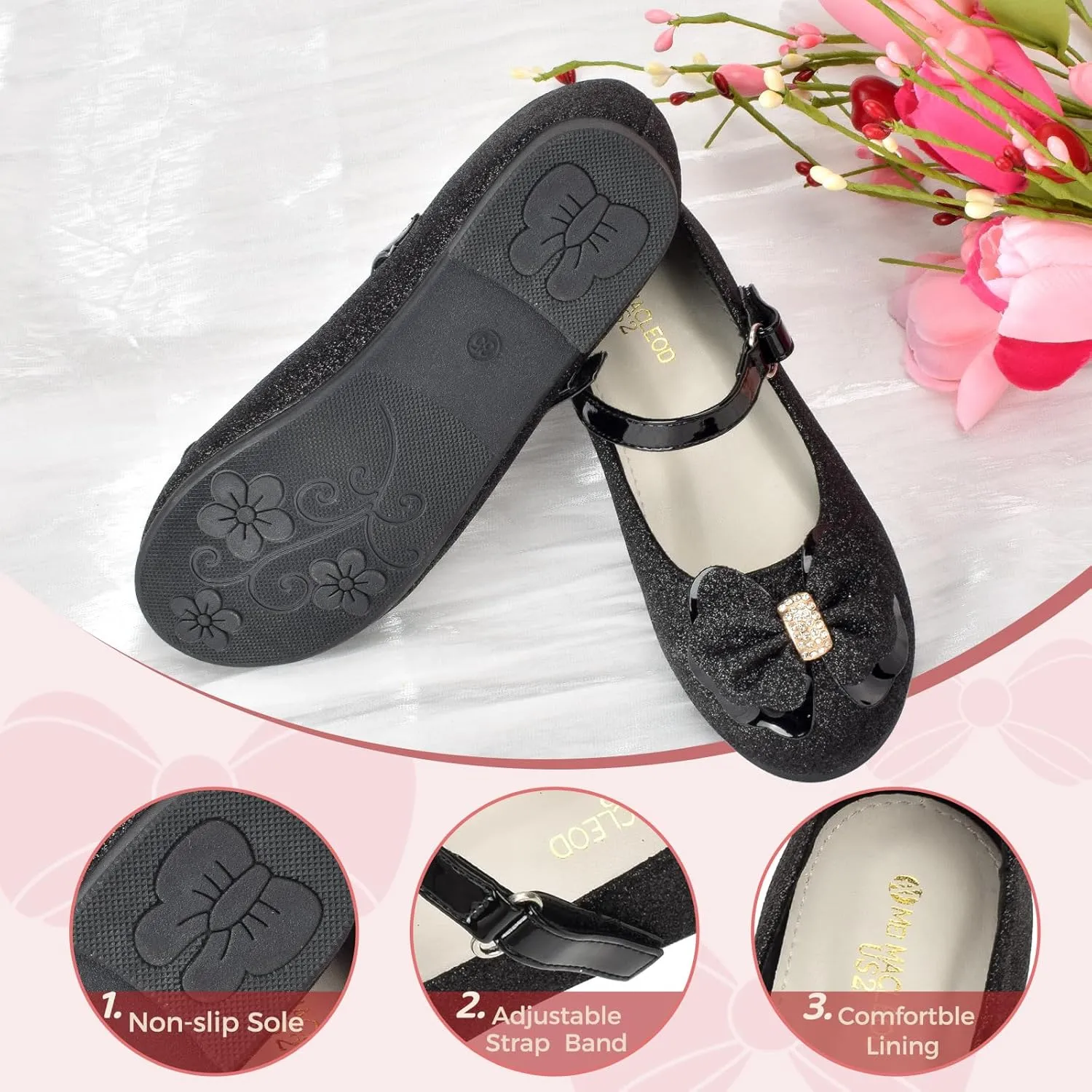 Girls Mary Jane Dress Shoes Rhinestone Dress Shoes Slip On Girl Ballet Flats for Wedding Party, Christmas（Little Kid/Big Kid）