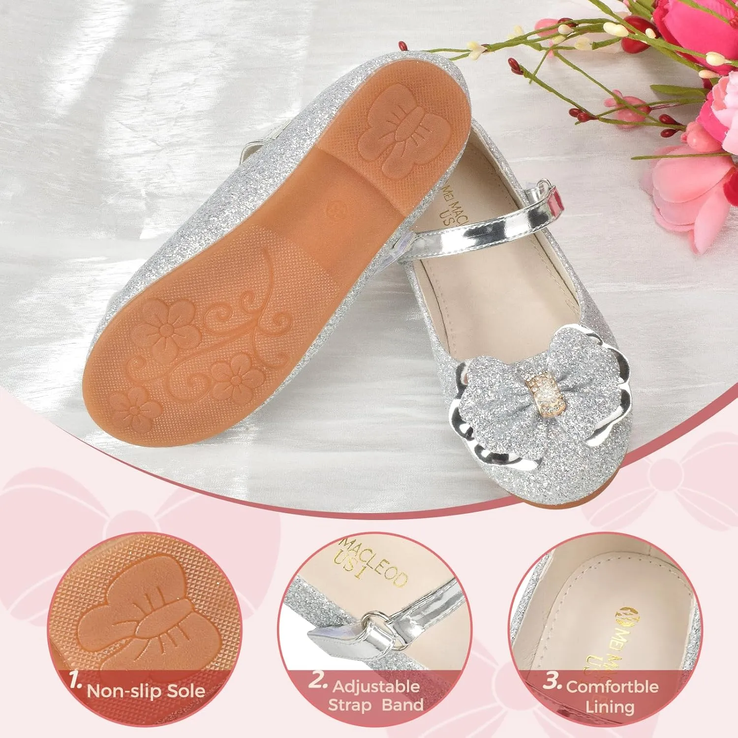 Girls Mary Jane Dress Shoes Rhinestone Dress Shoes Slip On Girl Ballet Flats for Wedding Party, Christmas（Little Kid/Big Kid）