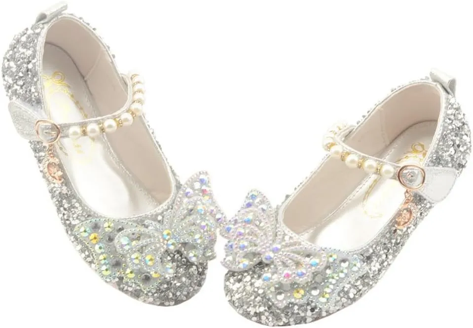 Girls Sparkle Princess Dress Shoes Bow Wedding Party Flower Bridesmaids Mary Jane Ballet Flats for Kid Toddler