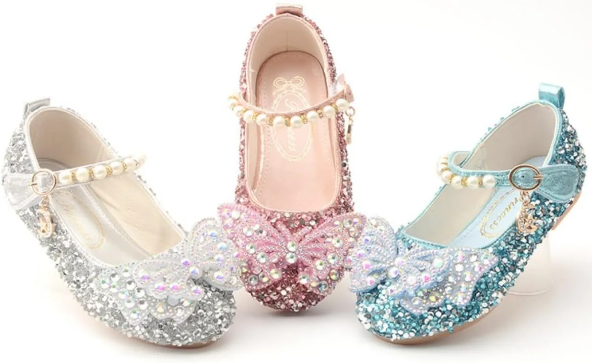 Girls Sparkle Princess Dress Shoes Bow Wedding Party Flower Bridesmaids Mary Jane Ballet Flats for Kid Toddler