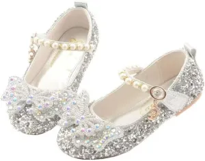 Girls Sparkle Princess Dress Shoes Bow Wedding Party Flower Bridesmaids Mary Jane Ballet Flats for Kid Toddler