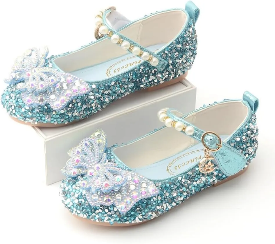 Girls Sparkle Princess Dress Shoes Bow Wedding Party Flower Bridesmaids Mary Jane Ballet Flats for Kid Toddler