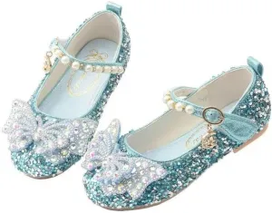 Girls Sparkle Princess Dress Shoes Bow Wedding Party Flower Bridesmaids Mary Jane Ballet Flats for Kid Toddler