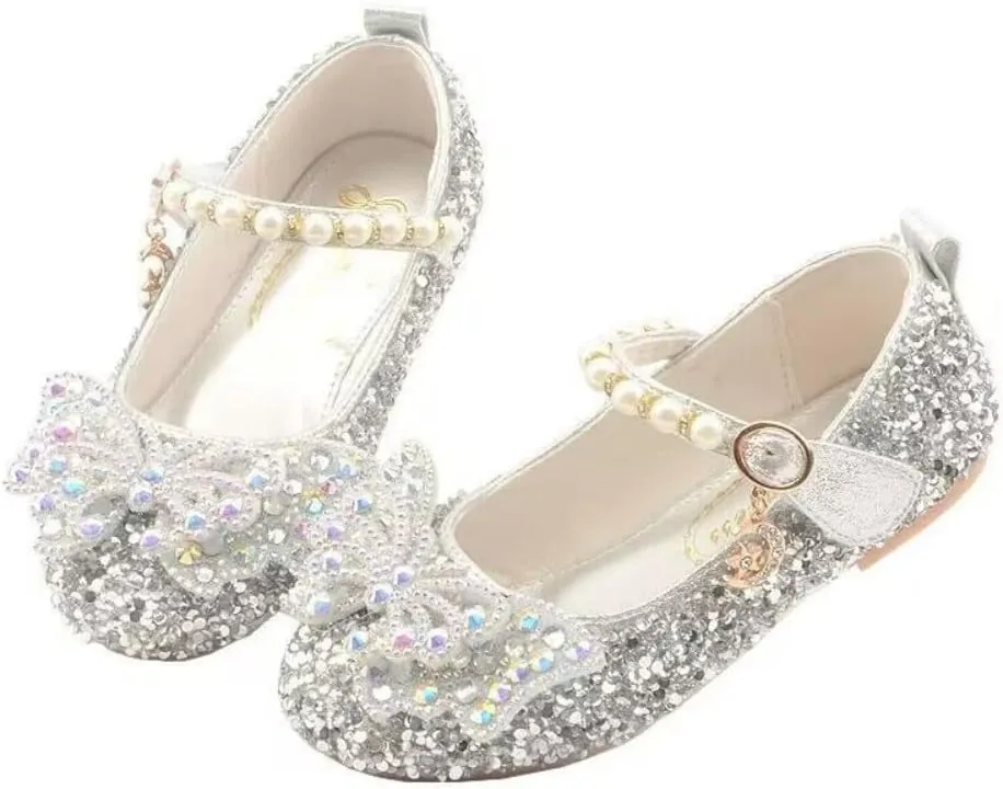 Girls Sparkle Princess Dress Shoes Bow Wedding Party Flower Bridesmaids Mary Jane Ballet Flats for Kid Toddler