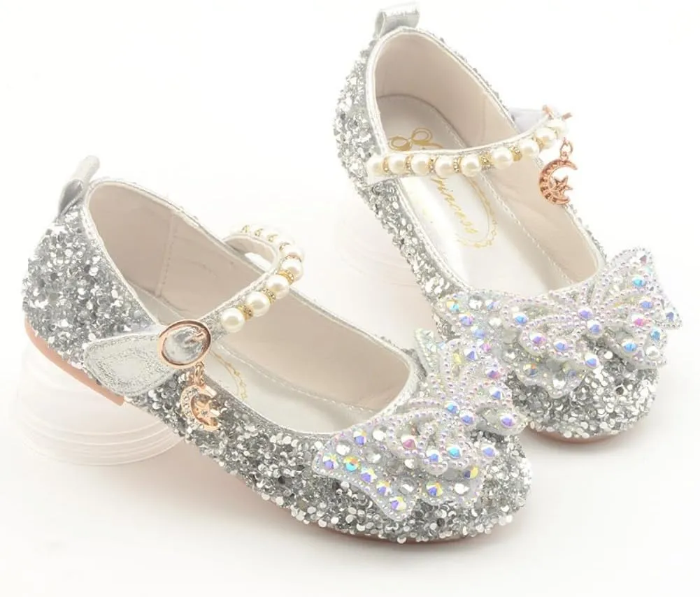 Girls Sparkle Princess Dress Shoes Bow Wedding Party Flower Bridesmaids Mary Jane Ballet Flats for Kid Toddler