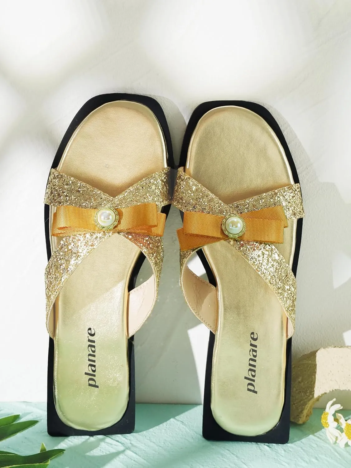 Glitter Gold Slide Sandals for Women | Sparkly Bowknot Flat Mules with Pearl Detail | Elegant Slip On Dressy Summer Shoes for Vacation, Beach, Casual, Party & Daily Wear