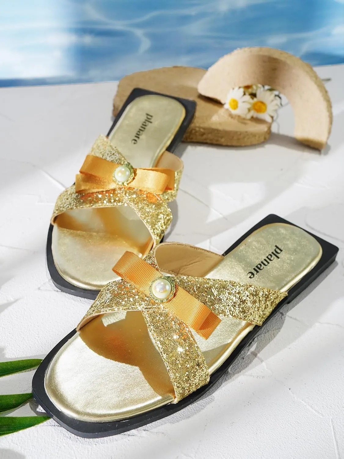 Glitter Gold Slide Sandals for Women | Sparkly Bowknot Flat Mules with Pearl Detail | Elegant Slip On Dressy Summer Shoes for Vacation, Beach, Casual, Party & Daily Wear