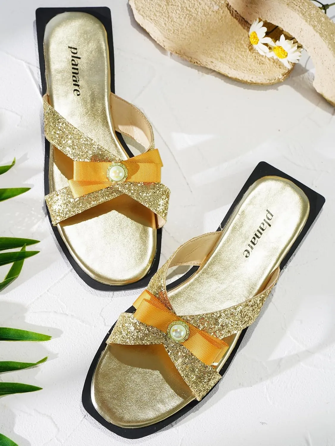 Glitter Gold Slide Sandals for Women | Sparkly Bowknot Flat Mules with Pearl Detail | Elegant Slip On Dressy Summer Shoes for Vacation, Beach, Casual, Party & Daily Wear