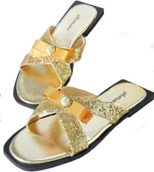 Glitter Gold Slide Sandals for Women | Sparkly Bowknot Flat Mules with Pearl Detail | Elegant Slip On Dressy Summer Shoes for Vacation, Beach, Casual, Party & Daily Wear