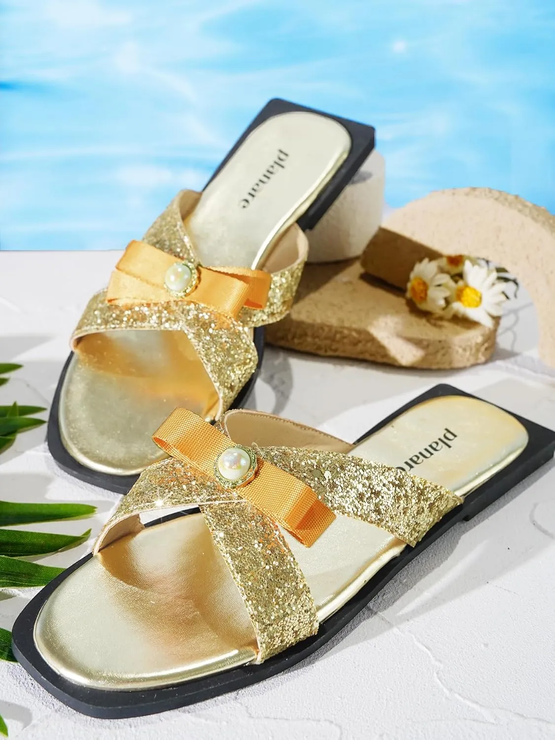 Glitter Gold Slide Sandals for Women | Sparkly Bowknot Flat Mules with Pearl Detail | Elegant Slip On Dressy Summer Shoes for Vacation, Beach, Casual, Party & Daily Wear