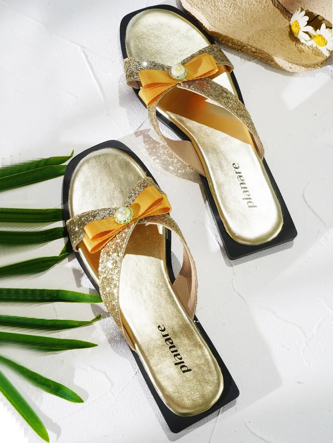 Glitter Gold Slide Sandals for Women | Sparkly Bowknot Flat Mules with Pearl Detail | Elegant Slip On Dressy Summer Shoes for Vacation, Beach, Casual, Party & Daily Wear