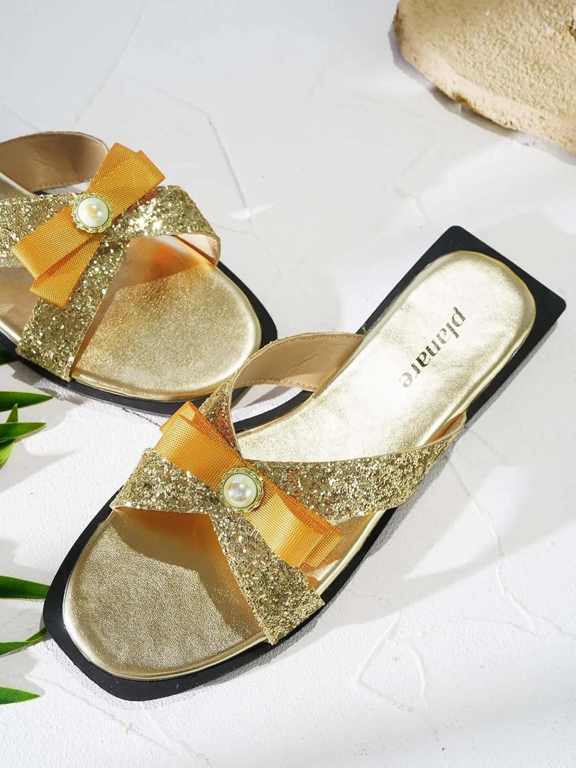 Glitter Gold Slide Sandals for Women | Sparkly Bowknot Flat Mules with Pearl Detail | Elegant Slip On Dressy Summer Shoes for Vacation, Beach, Casual, Party & Daily Wear
