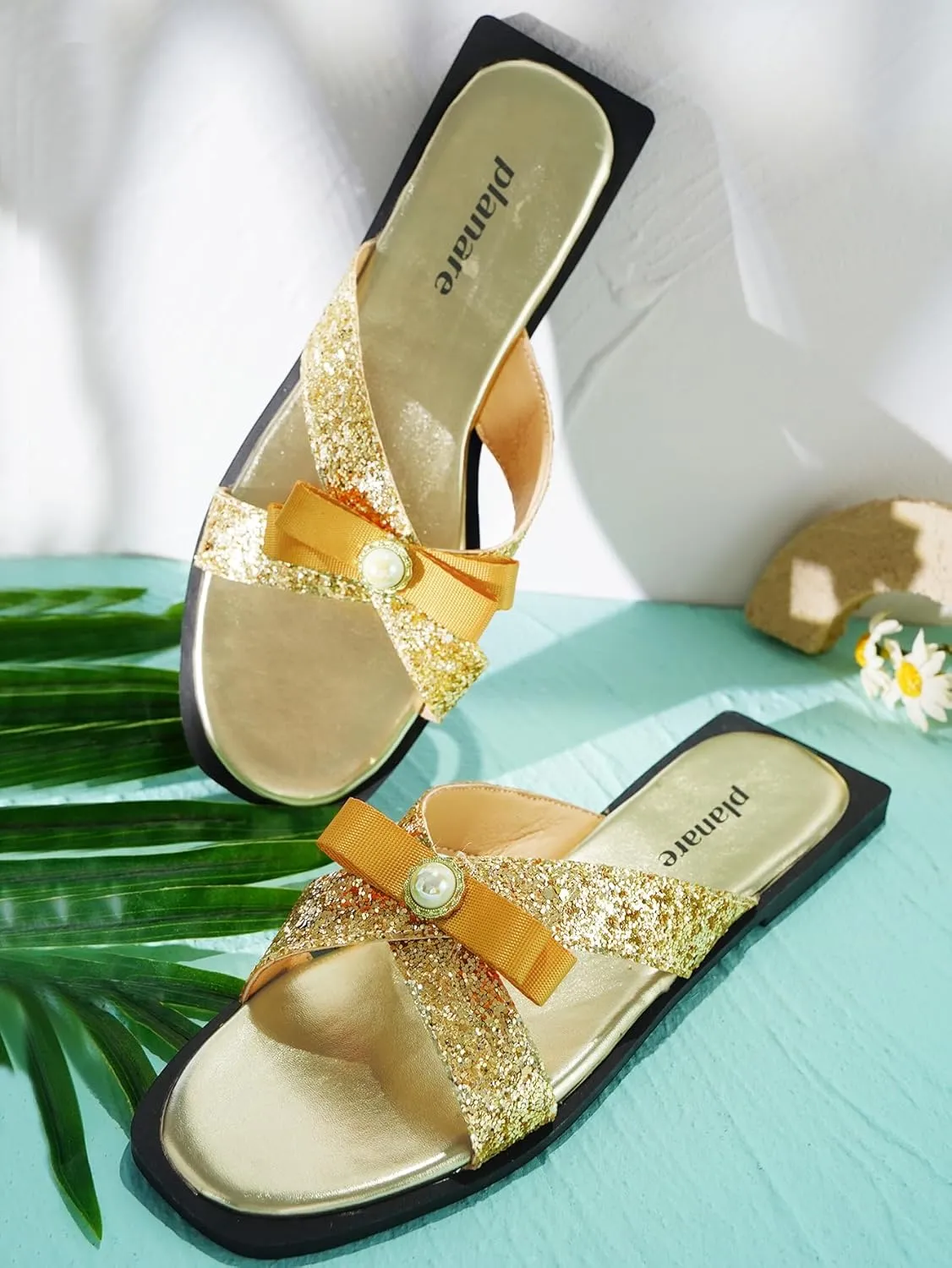 Glitter Gold Slide Sandals for Women | Sparkly Bowknot Flat Mules with Pearl Detail | Elegant Slip On Dressy Summer Shoes for Vacation, Beach, Casual, Party & Daily Wear